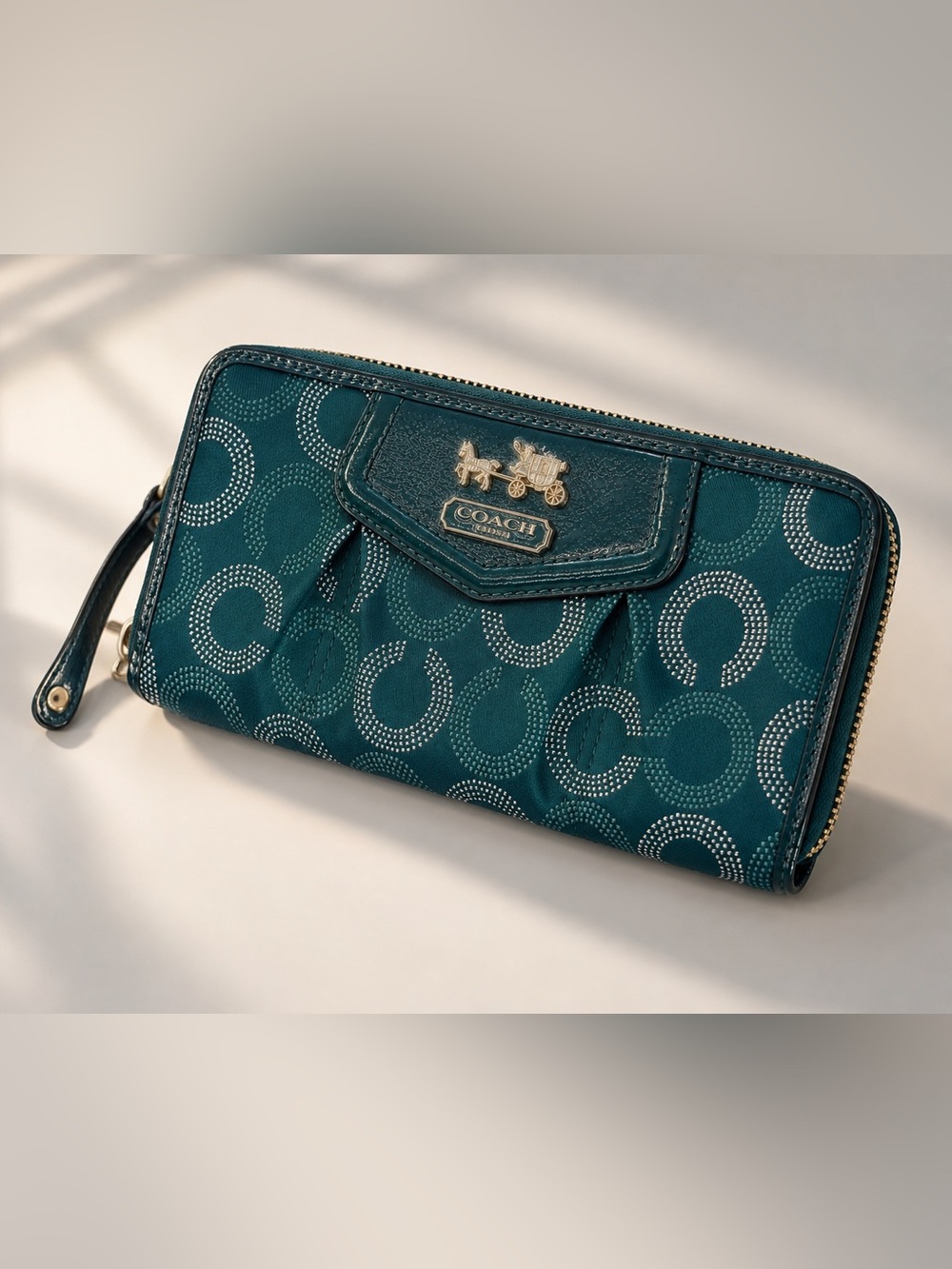 Vintage Coach Teal Signature C Zip Around Continental Wallet Gold Hardware Y2K
